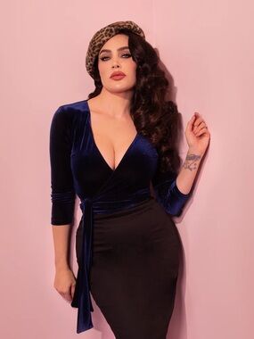 WRAP TOP IN MIDNIGHT BLUE VELVET - VIXEN BY MICHELINE PITT